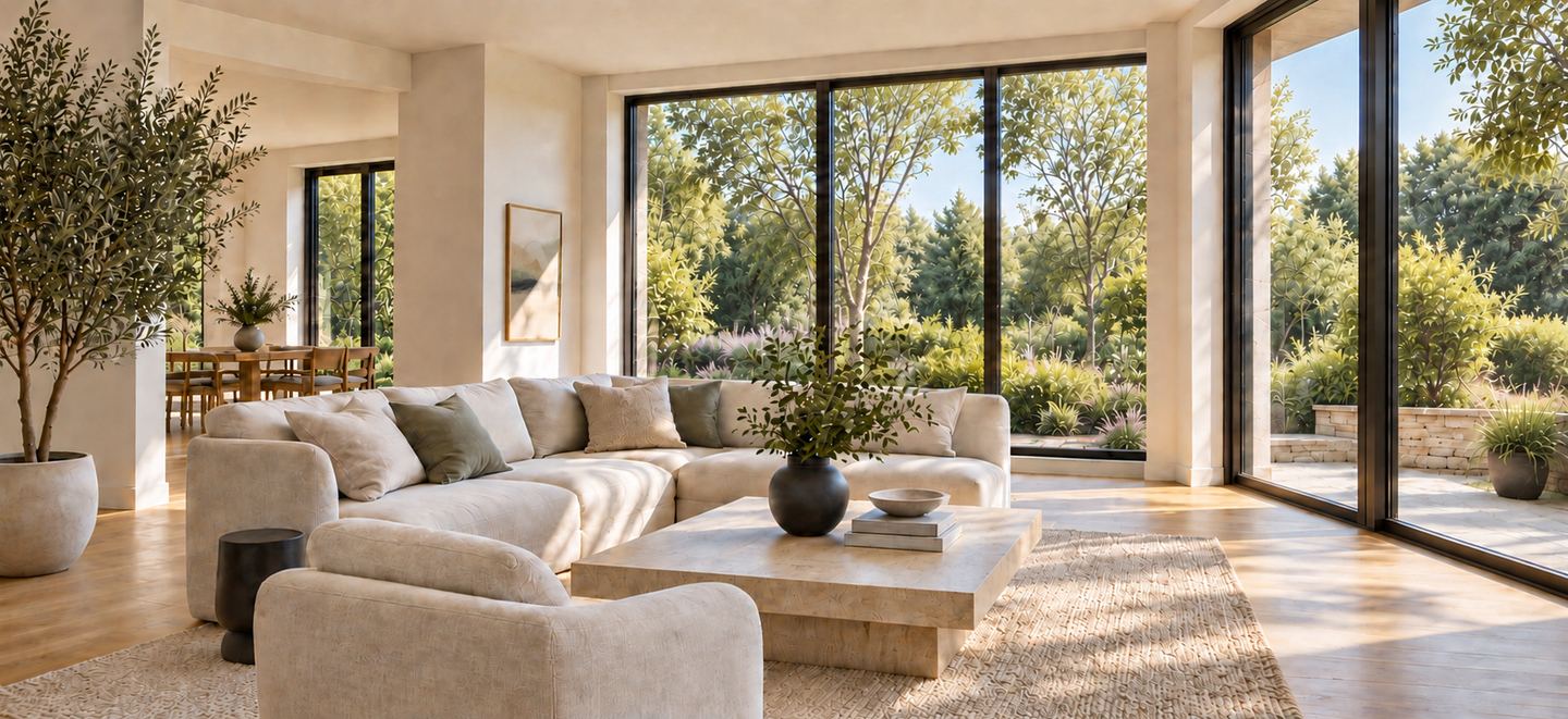 Conceptual living room with large windows and natural daylight